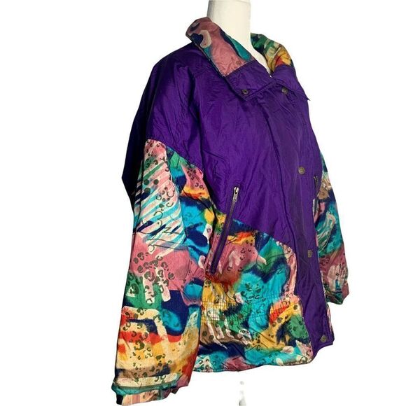 Vintage 80s Puffer Ski Jacket L Purple Bright Radical Coat - Picture 4 of 7